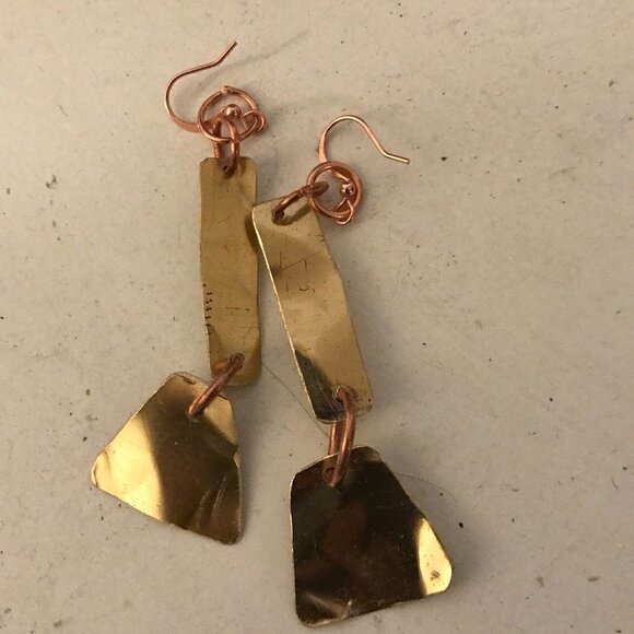 Tribal Brass Copper Earrings Drop Dangle Handmade Primitive Festival Bohemian - Picture 3 of 7